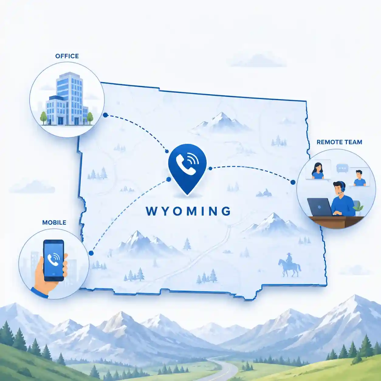 Wyoming state outline with icons for mobile, office, remote team and call center connected to a central phone pin